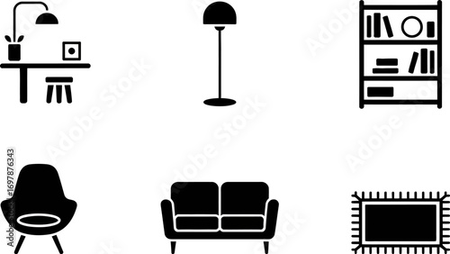 Collection of simple black and white icons representing home furniture and decor.