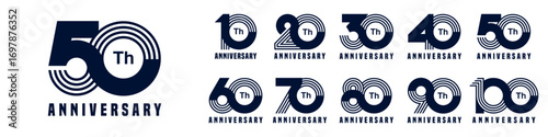 collection anniversary 10 to 100 year logo designs. abstract number for celebration event, wedding, greeting card, and invitation, vector illustration
