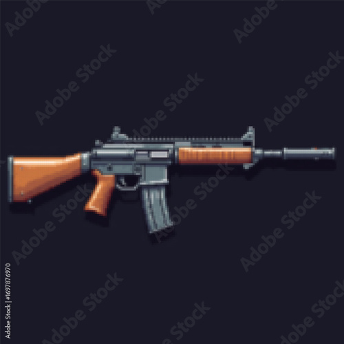 Detailed pixel art vector illustration of an assault rifle against a dark background. Suitable for game design, concept art, or digital backgrounds.