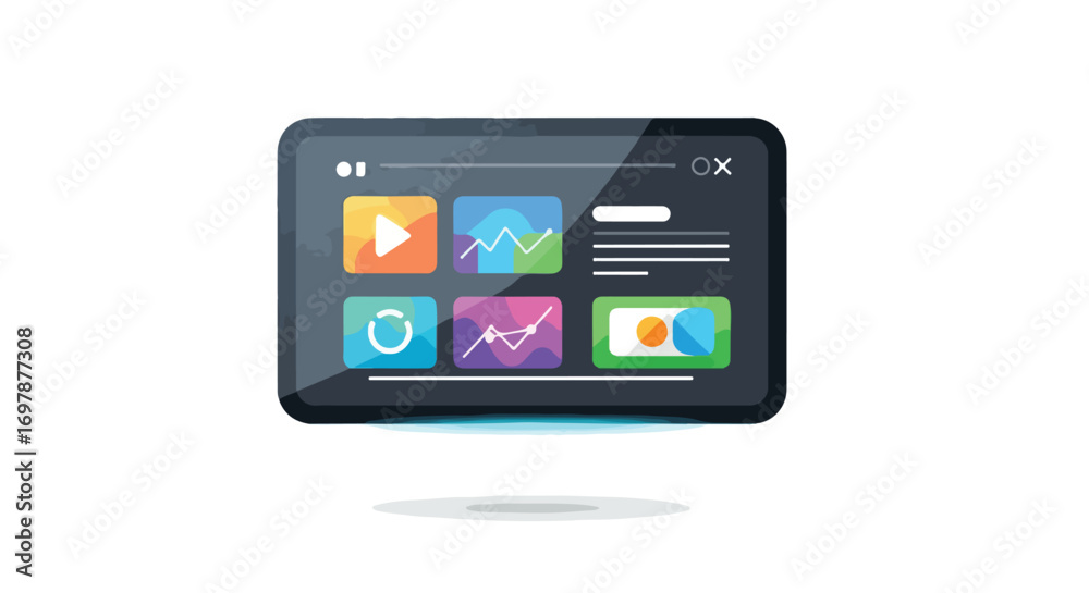 Cartoonish tablet interface with data visualization applications and modern design elements represented digitally Cartoonish tablet interface with data visualization applications and modern design elements represented digitally