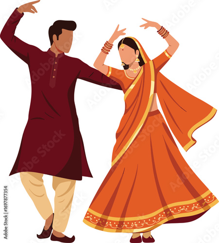Folk dance couple in traditional Indian costumes isolated on transparent background