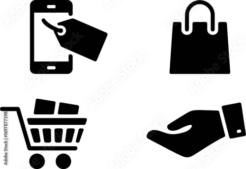 Icons representing online shopping, retail, and commerce