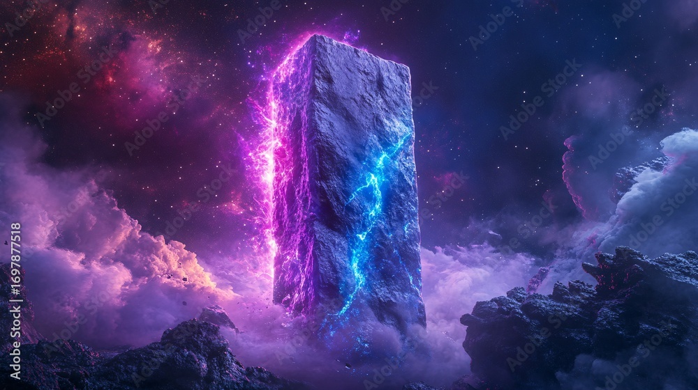 Fototapeta premium giant alien monolith floating in space emitting plasma waves, futuristic spaceship nearby, deep starfield background, cinematic sci-fi style