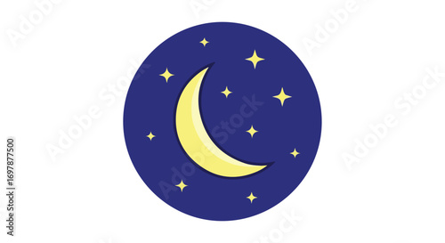 Stylized lunar scene with crescent moon and twinkling stars amidst deep blue night sky in simple artistic design