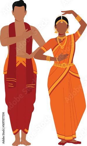 Indian couple performing Bharatanatyam dance in traditional attire isolated