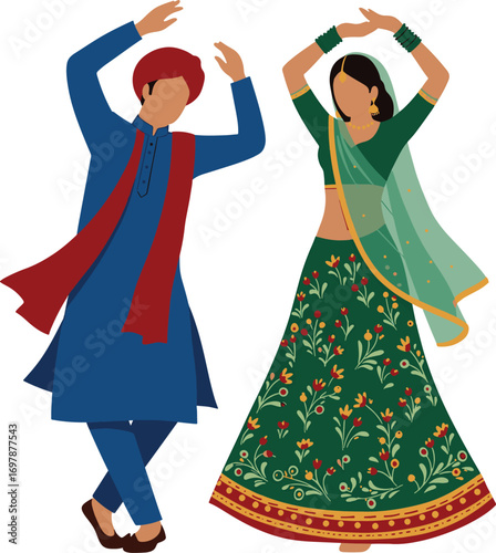 Indian couple performing traditional Dandiya Raas dance in colorful outfits isolated