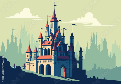 Magnificent european castle standing proudly on a hilltop surrounded by misty mountains and other towers under a cloudy sky