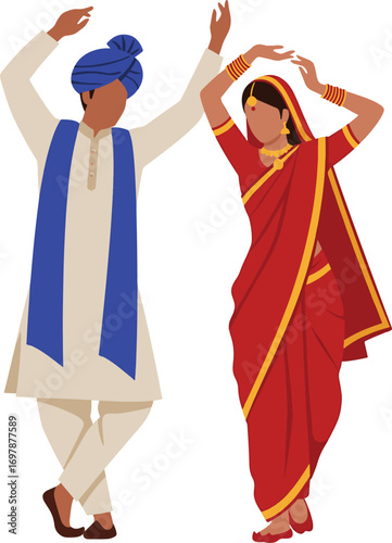Indian Lavani dance couple in traditional cultural attire isolated on transparent background
