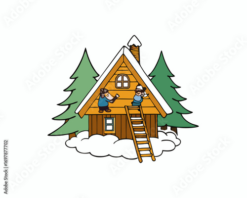 Wooden tree house covered with snow, winter cartoon  vector illustration 