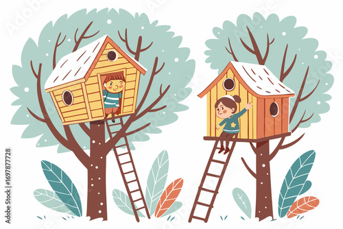 Wooden tree house covered with snow, kids climbing ladder, pine forest background, winter cartoon illustration