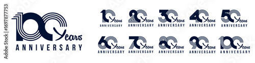 collection anniversary 10 to 100 year logo designs. abstract number for celebration event, wedding, greeting card, and invitation, vector illustration