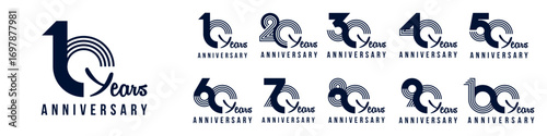 collection anniversary 10 to 100 year logo designs. abstract number for celebration event, wedding, greeting card, and invitation, vector illustration