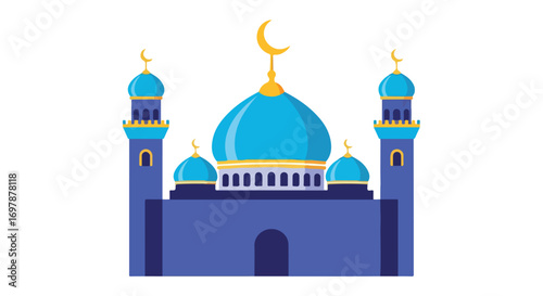 Striking vector illustration of a blue and gold colored mosque, complete with minarets and a crescent moon