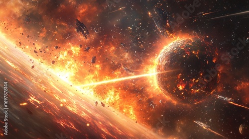 Fototapeta Naklejka Na Ścianę i Meble -  space battle scene near alien energy source, explosions, glowing lasers, spacecrafts in motion, cosmic background, photorealistic