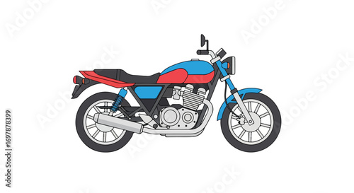 Stylish Vintage Motorcycle Illustration with Vibrant Blue and Red Accents on a Clean White Background