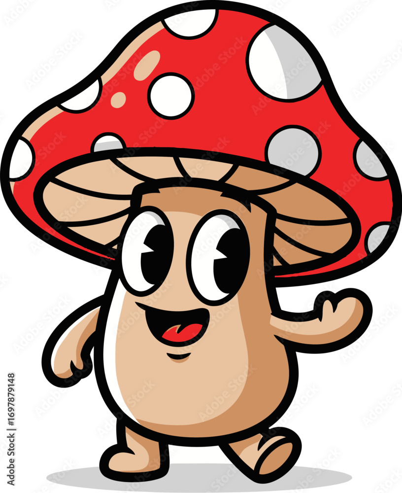 Fototapeta premium Whimsical cartoon mushroom character waving hello with a cheerful expression