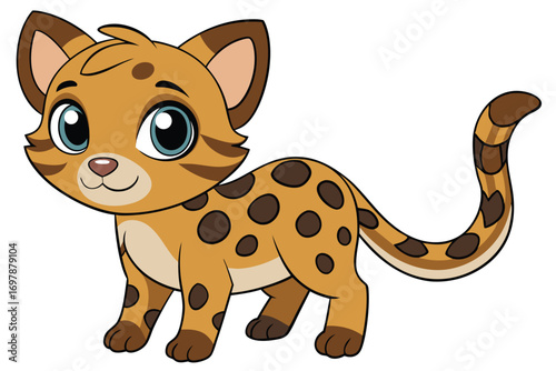 Cute Cartoon Ocelot with Big Eyes and Brown Spots on a White Background