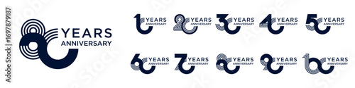 collection anniversary 10 to 100 year logo designs. abstract number for celebration event, wedding, greeting card, and invitation, vector illustration