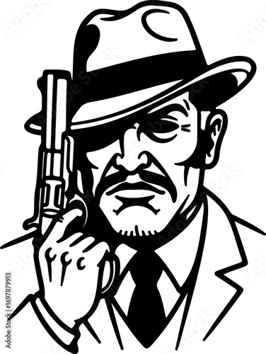 Intense gangster drawing holding a gun with vintage style, embodying power, mystery, and classic crime drama appeal for edgy designs