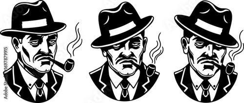 Three confident gangsters smoking pipes with vintage fedoras, classic noir style, perfect for retro designs, crime themes, and historical illustrations