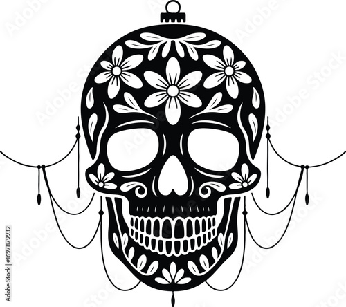 Ornate skull ornament with floral patterns, festive