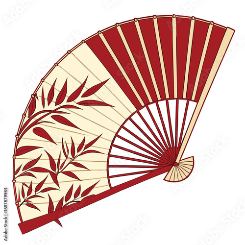 Red and cream fan with bamboo leaf design leaves