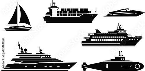 Boat and ship icons, sailboat, cargo ship, cruise liner, luxury yacht, submarine, speedboat, sea transport, marine vessel, vector silhouette