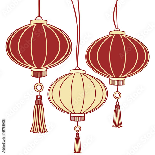 Red and cream hanging lanterns with tassels traditional