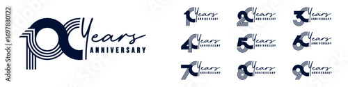 collection anniversary 10 to 100 year logo designs. abstract number for celebration event, wedding, greeting card, and invitation, vector illustration