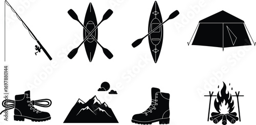 Camping silhouette icons, fishing rod, kayak, tent, hiking boots, mountains, campfire, outdoor adventure, travel gear, black vector illustration, nature