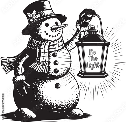 Black and white snowman wearing top hat and scarf holding lantern winter illustration
