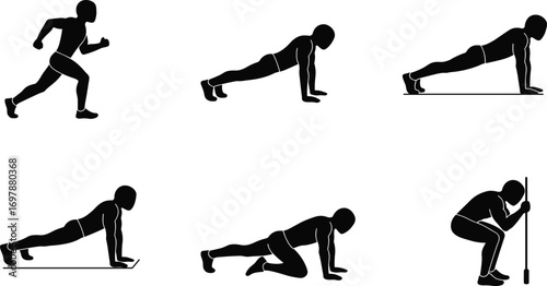 Fitness exercise silhouette set, running, push up, plank, squat, workout, training, gym, strength, bodybuilding, athlete, sports, health, vector illustration