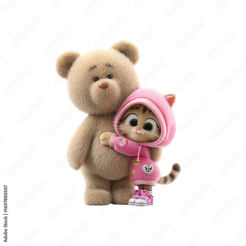 Fototapeta premium Adorable Kitten Hugging Teddy Bear - Friendship, Love, and Cuteness Overload