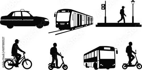 Public transport silhouette set, taxi, bus, train, metro, bicycle, scooter, pedestrian, commuting, city travel, urban transport, vector illustration