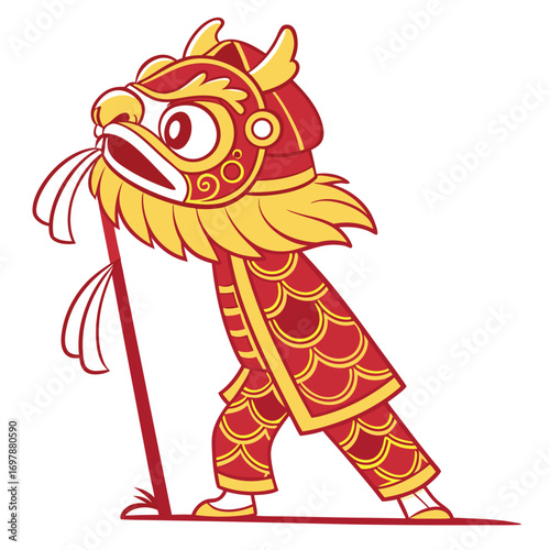 Red and gold dragon costume with pole traditional celebration