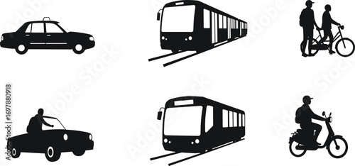 Urban transport silhouettes, taxi, car, bus, metro train, bicycle, scooter, commuters, public transportation, city travel, vector illustration