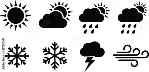 Weather icons silhouette, sun, clouds, rain, snowflake, thunderstorm, wind, climate symbols, forecast vector illustration, black seasonal elements, nature signs