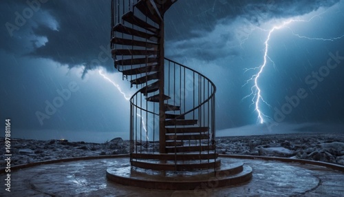 A spiral staircase made of frozen lightning ascending into a storm cloud, each step crackling with electric energy, no climbers, 8K, surreal divine architecture