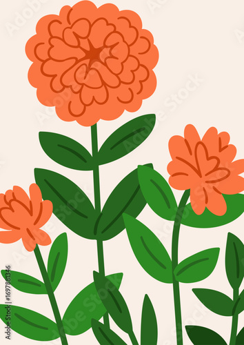 Floral card design with dahlia blossoms. Spring flowers, summer garden nature...