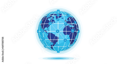 Interconnected global network illustration for technology and communication themes in blue tones featuring a stylized globe with nodes and lines