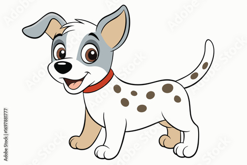 Cute Cartoon Spotted Dog, with Red Collar on White Background