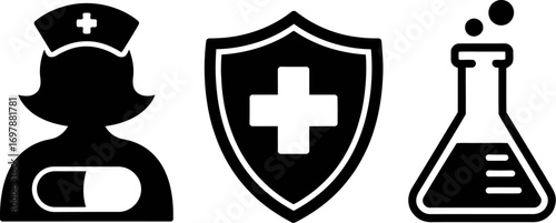 Healthcare icons representing medical care, protection, and scientific research