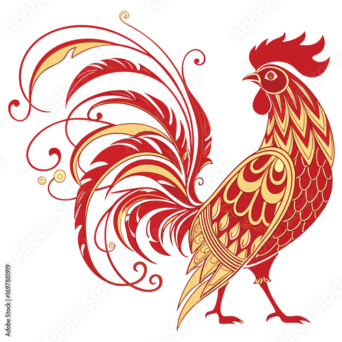 Red and gold ornate rooster with flowing tail feathers vector