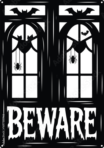 Spooky Halloween decor bats spiders Beware sign