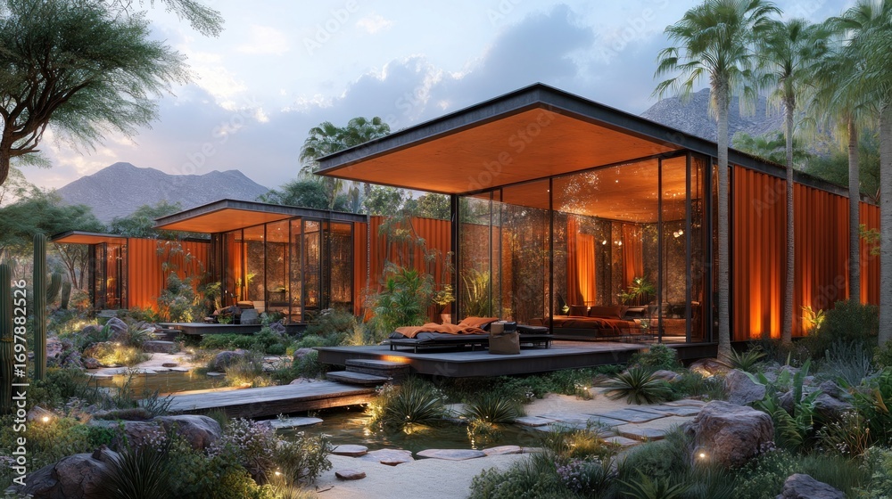 Obraz premium Modern, minimalist cabins in desert oasis