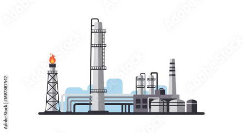 Stylized industrial complex silhouette featuring diverse towers, pipelines, and processing structures against a light background