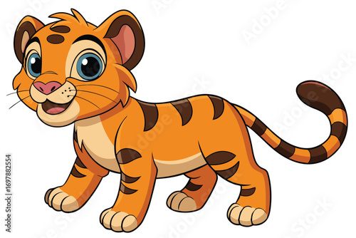 Cute Cartoon Tiger Cub on White Background,Striped Tail