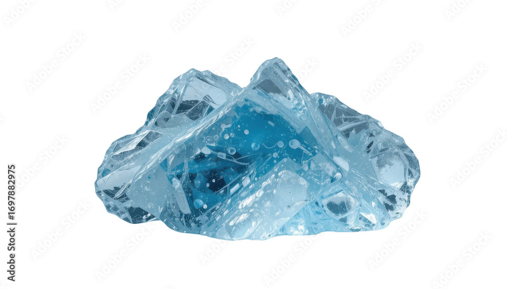 Fototapeta premium Blue ice cubes on transparent background, ready for recycling.