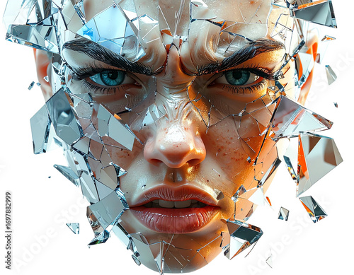 A woman's face with shattered glass eyes, a surreal and abstract 3D portrait with hyper-realistic details.