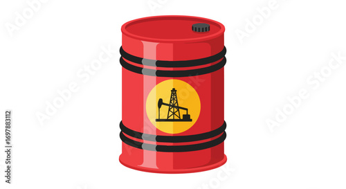 Illustration of a red barrel with an oil rig on a yellow circle, isolated against a white backdrop indicating the petroleum industry